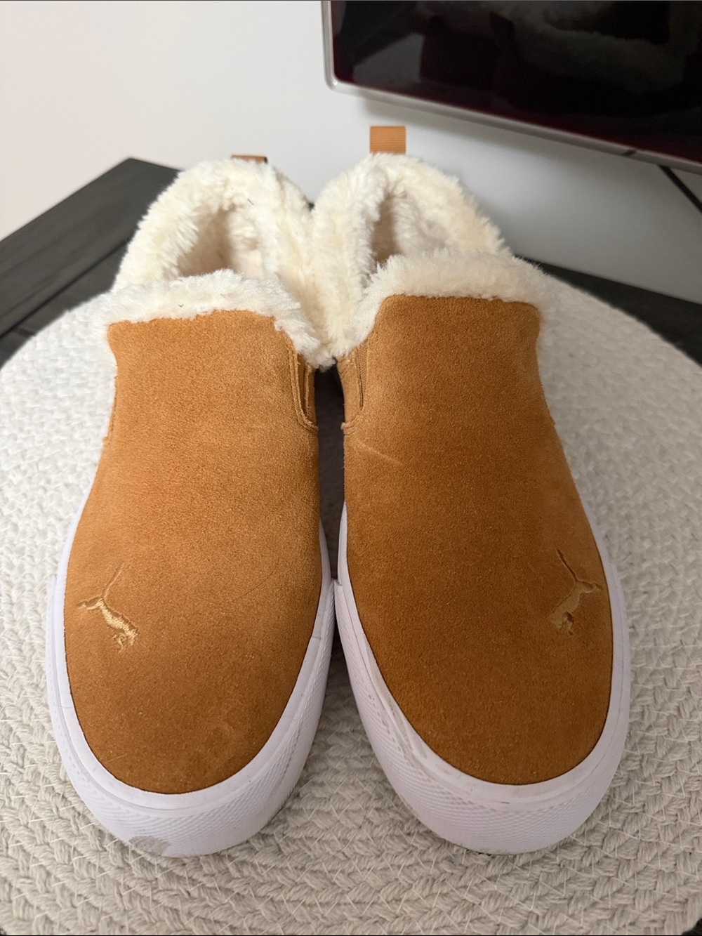 Puma Women’s Chestnut Slip-On Suede Sneakers with Cream Fur